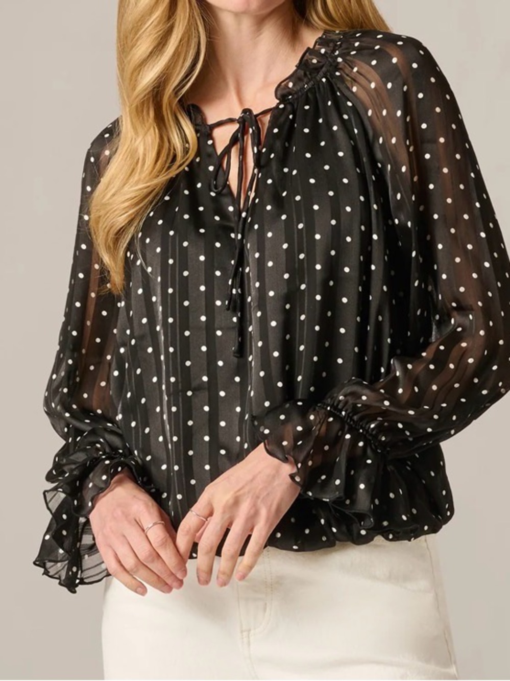 Adrianna Papell Long Sleeve Chiffon Ruffle Blouse In Black Cream Dot - Size S